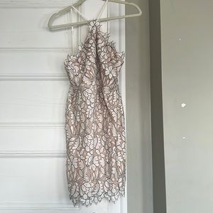 Lulus Lace bodycon dress in ivory and beige